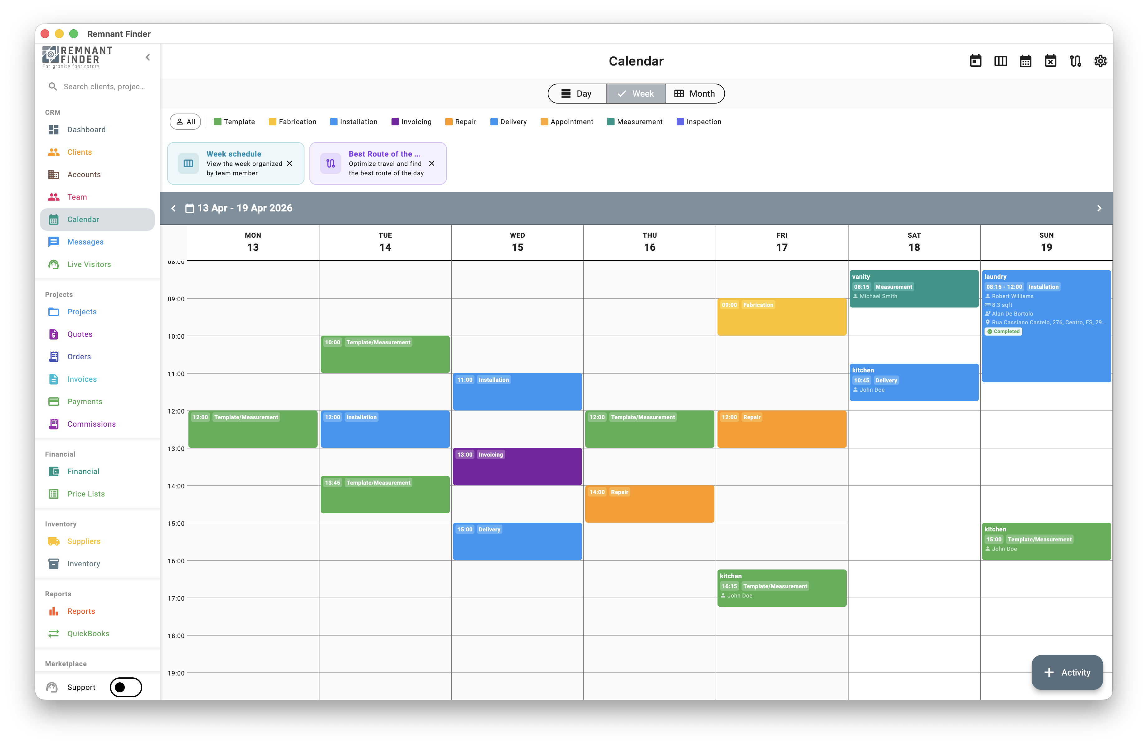Agenda view with measurement, fabrication and installation activities scheduled across the week